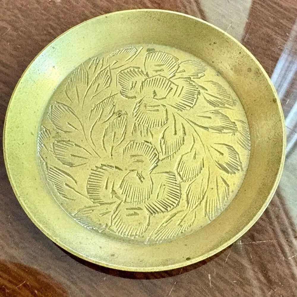 Vintage India Brass Etched Floral Catchall Dish, 2.75”